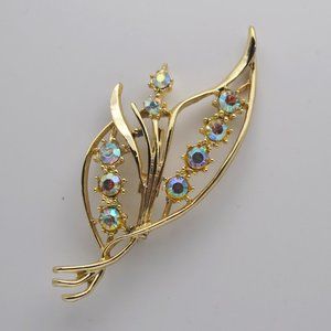 Vintage Brooch Pin Aurora Borealis Rhinestones in Gold Tone Open Leaf Design